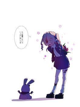 Rule 34 | 1girl, arms behind back, backlighting, black shoes, blazer, blue jacket, blue necktie, blue ribbon, blue sailor collar, blue skirt, blush, collared shirt, colored inner hair, commentary request, debitto (makaino ririmu), drill hair, eyepatch, fangs, flower, full body, grey hair, hair intakes, hair ribbon, heart, highres, holding, holding flower, jacket, lapels, leaning forward, leg ribbon, leg tattoo, long hair, long sleeves, looking at another, loose socks, makaino ririmu, medical eyepatch, miniskirt, monitoring (vocaloid), muginoho2012, multicolored hair, necktie, nijisanji, notched lapels, official alternate costume, official alternate hairstyle, open clothes, open jacket, open mouth, pink flower, pink hair, pink streaks, pink tulip, platform shoes, pleated skirt, pointy ears, red eyes, ribbon, sailor collar, school uniform, shade, shadow, shirt, shirt tucked in, shoes, sidelocks, simple background, skirt, socks, solo, sparkle, sparkling aura, speech bubble, standing, star (symbol), streaked hair, stuffed animal, stuffed rabbit, stuffed toy, tattoo, tie clip, tulip, two-tone hair, two side up, virtual youtuber, white background, white shirt, white socks, winged heart, winged heart tattoo