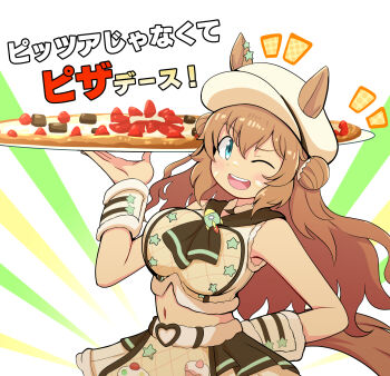 1girl absurdres animal_ears aonoji blonde_hair blue_eyes blush breasts brown_neckerchief chocolate commentary_request earrings ears_through_headwear food fruit hair_between_eyes hair_bun hat highres holding holding_tray horse_ears horse_girl horse_tail jewelry large_breasts long_hair looking_at_viewer midriff navel neckerchief official_alternate_costume one_eye_closed open_mouth pizza shirt skirt sleeveless sleeveless_shirt smile star_(symbol) star_earrings strawberry taiki_shuttle_(baa_baa_patisserie)_(umamusume) taiki_shuttle_(umamusume) tail teeth tray umamusume upper_teeth_only