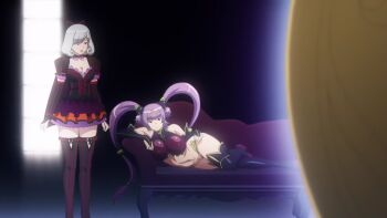 2girls bare_shoulders boots breasts bridal_gauntlets covered_erect_nipples curly_hair detached_sleeves dress female_focus high_heel_boots high_heels impossible_clothes large_breasts long_hair magic_mirror multiple_girls navel pubic_tattoo purple_eyes purple_hair queen&#039;s_blade queen&#039;s_blade_grimoire red_eyes seiten_(queen&#039;s_blade) short_hair snow_white_(fairy_tale) snow_white_(queen&#039;s_blade) solo_focus standing striped tattoo thighhighs tiara twintails white_hair zettai_ryouiki