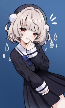 1girl absurdres black_jacket black_skirt blue_background blue_bow blue_bowtie blunt_bangs blush bow bowtie buttons cowboy_shot dutch_angle grey_hair grin hair_ornament highres jacket long_sleeves miniskirt nekomiya_mint notice_lines pinstripe_jacket pinstripe_pattern pinstripe_skirt pleated_skirt pom_pom_(clothes) pom_pom_hair_ornament red_eyes sailor_collar short_hair simple_background skirt sleeve_cuffs smile solo two_side_up ui_(voisona) voisona water_drop white_sailor_collar wispy_bangs