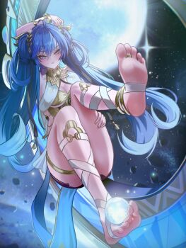 1girl absurdres barefoot blue_eyes blue_hair feet highres iuno_(wuthering_waves) long_hair looking_at_viewer puppnett soles toes twintails wuthering_waves