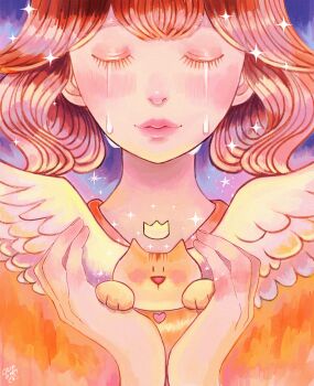 1girl absurdres angel_wings animal artist_name cacaboom cat closed_eyes closed_mouth commentary commentary_request crying english_commentary eyelashes hands_up highres holding holding_animal mixed-language_commentary original pink_lips red_hair sad short_hair solo straight-on streaming_tears tears upper_body wings