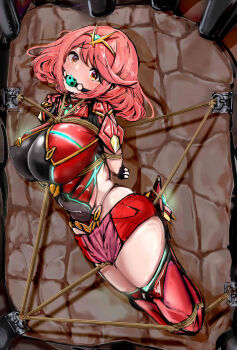 1girl ball_gag bdsm bondage bound breasts commentary_request commission didumesita gag highres large_breasts lying pyra_(xenoblade) red_eyes red_hair red_thighhighs restrained revealing_clothes rope shibari short_hair skeb_commission solo thick_thighs thighhighs thighs tiara underwater xenoblade_chronicles_(series) xenoblade_chronicles_2
