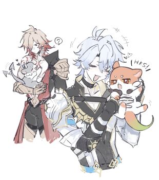 2boys ? antenna_hair arm_tattoo armlet armor black_choker black_coat black_shirt blonde_hair braid chest_tattoo chimera_(honkai:_star_rail) choker clawed_gauntlets closed_eyes coat creature earrings facial_tattoo gold_earrings gold_necklace gradient_hair hashtag-only_commentary highres holding holding_creature honkai:_star_rail honkai_(series) jewelry male_focus medium_hair multicolored_hair multiple_boys mydei_(fig_stew)_(honkai:_star_rail) mydei_(honkai:_star_rail) neck_tattoo necklace open_clothes open_coat parted_bangs pauldrons phainon_(honkai:_star_rail) phainon_(vigethos)_(honkai:_star_rail) red_hair red_tattoo shirt short_hair shoulder_armor side_braid simple_background single_pauldron spoken_question_mark sun_symbol sun_tattoo tan tattoo white_background white_coat white_hair whiteeeyue yellow_eyes