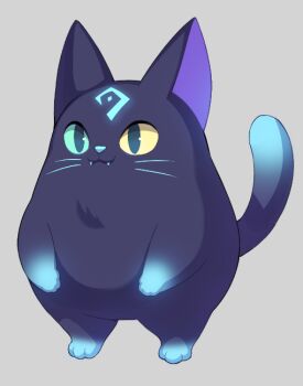 animal_focus artist_request asgard black_cat black_fur black_tail blue_eyes blue_nose blue_sclera blue_tail blue_teeth cat closed_mouth colored_sclera colored_teeth colorpoint facial_mark fangs forehead_mark full_body glowing glowing_markings grey_background legs_apart mismatched_sclera nexon official_art second-party_source simple_background solo standing two-tone_tail whiskers yellow_sclera