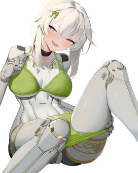 1girl absurdres android bikini blush bow breasts cleavage commentary_request commission girls'_frontline girls'_frontline_2:_exilium green_bikini green_bow hair_between_eyes hair_bow hand_on_own_thigh highres ksvk_(girls'_frontline) leaning_forward looking_at_viewer mechabare mechanical_arms mechanical_legs medium_breasts medium_hair navel pink_eyes sidelocks skeb_commission smile solo swimsuit white_background white_hair yanagui_yugi