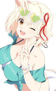 Rule 34 | 1girl, ;o, aqua shirt, ass, bikini, blonde hair, breasts, cleavage, clothes writing, commentary request, eyewear on head, heart, heart-shaped eyewear, highres, large breasts, looking at viewer, lycoris recoil, nishikigi chisato, one eye closed, red eyes, shirt, short hair, simple background, solo, swimsuit, tetsujin momoko, tied shirt, v, white background, white bikini