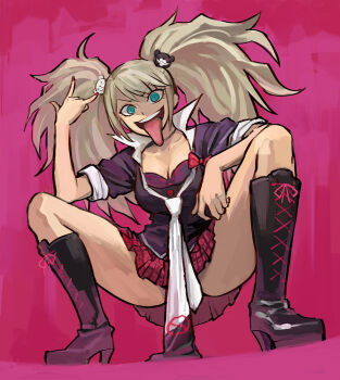 1girl \m/ b_suke bear_hair_ornament blonde_hair boots breasts cleavage commentary_request danganronpa:_trigger_happy_havoc danganronpa_(series) enoshima_junko full_body hair_ornament high_heel_boots high_heels knee_boots large_breasts loose_necktie miniskirt neckerchief necktie plaid_clothes plaid_skirt red_nails ringed_eyes skirt solo spread_legs squatting tongue tongue_out twintails white_neckerchief