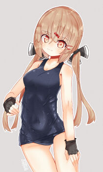 1girl black_one-piece_swimsuit breasts brown_eyes brown_hair covered_navel dated fingerless_gloves gloves gradient_background grey_background hair_ornament hairclip highres kantai_collection long_hair low_twintails medium_breasts mf_u_c old_school_swimsuit one-hour_drawing_challenge one-piece_swimsuit school_swimsuit swimsuit tashkent_(kancolle) twintails twitter_username