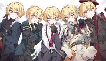 5boys absurdres black_gloves black_necktie blade_lineage_(identity)_(project_moon) blonde_hair blush closed_mouth collared_shirt cowboy_shot gloves gun hanbok highres korean_clothes limbus_company looking_at_viewer lying male_focus manic_rabbits multiple_boys n_corp._fanatic_(identity)_(project_moon) necktie on_back open_mouth project_moon shirt short_hair sinclair_(project_moon) suspenders sweat thumb_(identity)_(project_moon) weapon white_background white_shirt yellow_eyes zwei_association_south_uniform