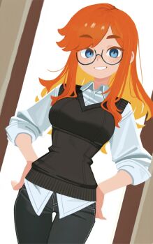 1girl black-framed_eyewear blue_eyes breasts deli_mage glasses grin hand_on_own_hip hands_on_own_hips highres long_hair looking_at_viewer orange_hair original pants shirt sleeves_rolled_up smile solo standing white_shirt