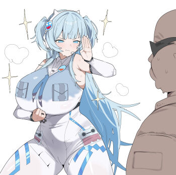 Rule 34 | 1boy, 1girl, absurdres, animal ear headphones, animal ears, blue eyes, blue neckerchief, bodypaint, bodysuit, cameltoe, cat ear headphones, cat ears, citizen k (pngj5475), commentary, fake animal ears, goddess of victory: nikke, headphones, highres, long hair, mekami shifty (nikke), neckerchief, painted clothes, parted lips, standing, sweat, two side up, untranslatable commentary, white background