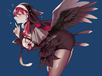 1girl absurdres animal animal_on_shoulder arm_on_thigh bird bird_on_shoulder black_coif black_dress black_romper black_wings blue_background blush braid braided_bangs breasts capelet cleavage coif cowboy_shot criss-cross_straps dress ear_chain earrings framed_breasts from_side gem grey_capelet hair_between_eyes head_wings high-waist_shorts highres jewelry konkon_aria large_breasts leaning_forward linked_piercing long-tailed_tit long_hair looking_at_viewer low-tied_sidelocks neo-porte nun pantyhose piercing purple_eyes purple_gemstone red_hair romper shorts sidelocks solo sooru0720 sparkle tit_(bird) virtual_youtuber wings