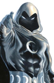 1boy absurdres alex_ross blue_eyes bodysuit cape comic_cover cover cover_page covered_abs crescent face_in_shadow gloves glowing glowing_eyes grey_bodysuit grey_gloves grey_theme highres hood hood_up looking_at_viewer male_focus marvel moon_knight muscular muscular_male official_art pointing pointing_at_viewer solo western_comics_(style) white_background white_cape white_hood white_theme