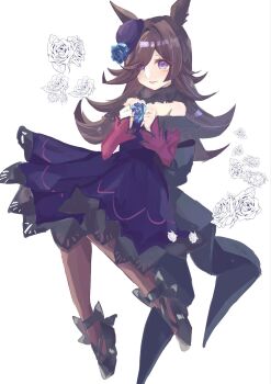 1girl animal_ears bare_shoulders black_thighhighs blue_dress blue_flower blue_hat blue_rose blush brown_hair closed_mouth dress fascinator flipped_hair flower fur_choker hair_over_one_eye hat hat_flower highres horse_ears horse_girl horse_tail long_hair long_sleeves looking_at_viewer off-shoulder_dress off_shoulder purple_eyes rice_shower_(rosy_dreams)_(umamusume) rice_shower_(umamusume) rose shipapome shoes smile solo tail thighhighs tilted_headwear umamusume