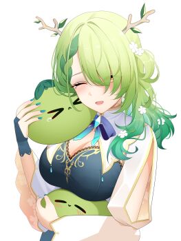 1girl absurdres antlers blue_dress blue_gemstone blue_ribbon blush braid breasts brooch ceres_fauna ceres_fauna_(1st_costume) cleavage commentary creature dress drey525 fingernails flower gem green_hair green_nails hair_flower hair_ornament highres holding holding_creature hololive hololive_english horns jewelry large_breasts long_hair looking_at_viewer mole mole_under_eye nail_polish one_eye_closed open_mouth parted_bangs ribbon sapling_(ceres_fauna) simple_background smile solo symbol-only_commentary tearing_up two-tone_dress upper_body virtual_youtuber white_background white_dress yellow_eyes