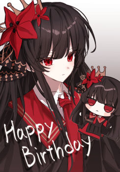 1girl :< black_hair black_shirt blunt_bangs chibi closed_mouth collared_shirt commentary_request crown flower gradient_background grey_background hair_flower hair_ornament happy_birthday highres jitome long_hair mahou_shoujo_no_majo_saiban necktie nikaido_hiro red_eyes red_flower red_necktie shirt solo suj278 upper_body