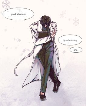 Rule 34 | black hair, black shirt, book, bowing, coat, collared shirt, commentary request, english text, full body, highres, holding, holding book, kim dokja, korean commentary, obok 0215, omniscient reader's viewpoint, open clothes, open coat, shirt, short hair, snowflakes, speech bubble, the truman show, walking, white coat