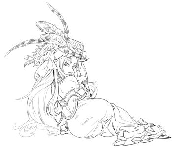 Rule 34 | 1girl, armlet, ass, belladonna (seiken densetsu 3), bracelet, breasts, dress, earrings, feathers, grunt (tnurg), highres, isabella (seiken densetsu 3), jewelry, long hair, monochrome, necklace, ring, seiken densetsu, seiken densetsu 3, slit pupils, turban