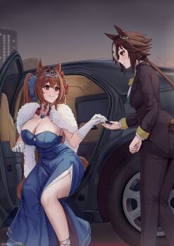 Rule 34 | 2girls, animal ears, ascot, black jacket, black pants, black suit, blue dress, blue gem, blush, breasts, brown eyes, brown hair, car, cleavage, closed mouth, collar, commentary, daiwa scarlet (umamusume), dress, fang, formal clothes, gem, gloves, hair intakes, hair over one eye, highres, horse ears, horse girl, horse tail, jacket, jewelry, large breasts, limousine, long hair, long sleeves, looking at another, motor vehicle, multicolored hair, multiple girls, necklace, pants, red collar, red eyes, shawl, shirt, skin fang, smile, smodzz998, strapless, strapless dress, suit, tail, tiara, twintails, umamusume, untranslatable commentary, very long hair, vodka (umamusume), white gloves, white hair, white shawl, yellow ascot, yuri