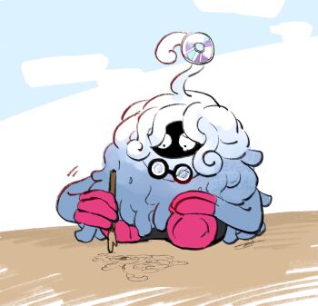 broken_eyewear crack disc drawing_(action) full_body gen_4_pokemon glasses highres holding holding_stick idbze nintendo no_humans plant pokemon pokemon_(creature) pokemon_focus pokemon_pokopia professor_tangrowth round_eyewear sitting solo stick tangrowth tm_(pokemon) vines