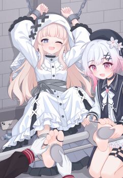 3girls :d absurdres barefoot beret black_hat blonde_hair bound cellphone commentary_request cross cross_earrings cross_ornament crying crying_with_eyes_open dress earrings eugenecolin flower frilled_dress frills glass_bottle gloves hair_ornament hat hat_flower heart heart-shaped_pupils highres hikami_meruru hime_cut jewelry mahou_shoujo_no_majo_saiban multiple_girls nikaido_hiro o-ring o-ring_thigh_strap one_eye_closed open_mouth phone pink_hair priestess restrained sakuraba_ema smartphone smile soles symbol-shaped_pupils tears thigh_strap tickling tickling_feet toes torture veil white_dress white_flower white_gloves white_hair white_veil x_hair_ornament