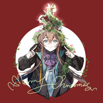 1girl amiya_(arknights) animal_ears arknights ascot black_jacket blue_eyes brown_hair crossed_bangs hair_between_eyes hands_up highres infection_monitor_(arknights) jacket long_hair merry_christmas open_clothes open_jacket packiiy purple_ascot rabbit_ears rabbit_girl red_background shirt simple_background solo upper_body white_shirt