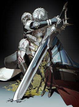 2boys antenna_hair arm_tattoo armlet armor black_choker black_coat black_gloves black_shirt blonde_hair blood blood_from_mouth blue_cape blue_eyes braid cape chest_tattoo choker clawed_gauntlets coat dawnmaker_(honkai:_star_rail) deep_wound earrings facial_tattoo fingerless_gloves glazed108642 gloves gold_earrings gold_necklace gradient_hair hashtag-only_commentary highres holding holding_sword holding_weapon honkai:_star_rail honkai_(series) injury jewelry male_focus medium_hair multicolored_hair multiple_boys mydei_(honkai:_star_rail) neck_tattoo necklace open_clothes open_coat parted_bangs pauldrons phainon_(honkai:_star_rail) red_hair red_tattoo shirt short_hair shoulder_armor side_braid single_glove single_pauldron sun_symbol sun_tattoo sword tan tattoo weapon white_coat white_hair yellow_blood yellow_eyes