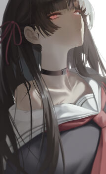 1girl absurdres black_choker black_hair black_shirt chisa_(wuthering_waves) choker collarbone commentary hair_ribbon highres long_hair looking_at_viewer mole mole_under_eye neckerchief parted_lips red_eyes red_neckerchief red_ribbon ribbon sailor_collar shirt single_off_shoulder skell.b solo upper_body white_sailor_collar wuthering_waves