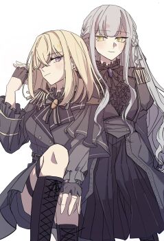 2girls bang_dream! bang_dream!_it&#039;s_mygo!!!!! black_boots black_dress black_gloves black_shorts blonde_hair blue_hair boots coat commentary_request dress full_body gloves grey_coat highres holding_hands interlocked_fingers kira_reader knee_boots long_hair medium_hair misumi_uika multiple_girls purple_eyes shorts sidelocks simple_background togawa_sakiko white_background yellow_eyes