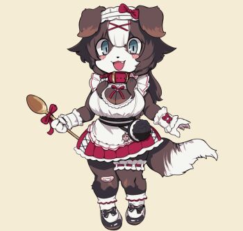 1girl animal_ears animal_nose bandaid bandaid_on_knee bandaid_on_leg bibi_biscuit blue_eyes blush bow breasts brown_fur brown_hair brown_tail cleavage collar commentary english_commentary fang full_body furry h@nk holding holding_spoon large_breasts long_hair looking_at_viewer multicolored_hair open_mouth pawpads phase_connect red_bow red_collar simple_background solo spoon tail thick_thighs thighs two-tone_hair virtual_youtuber white_fur white_hair white_tail yellow_background