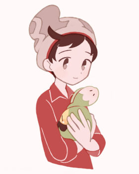 1boy brown_eyes brown_hair budew closed_mouth cropped_torso gen_4_pokemon holding holding_pokemon long_sleeves male_focus nintendo pac-man_eyes pokemon pokemon_(creature) pokemon_swsh red_shirt shirt short_hair simple_background smile tanba_(tanba-art) victor_(pokemon) white_background