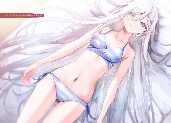 1girl ahoge bare_shoulders bikini blue_eyes breasts cleavage collarbone colorized dot_nose female_focus grey_eyes grey_hair hair_over_one_eye heterochromia highres japanese_text legs long_hair lying medium_breasts midriff navel nekometaru official_art on_back open_mouth shibou_yuugi_de_meshi_wo_kuu. side-tie_bikini_bottom solo solo_focus stomach striped_bikini striped_clothes swimsuit thighs translation_request very_long_hair yuuki_(shibou_yuugi)