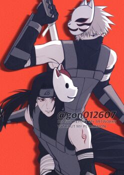 2boys bandaged_leg bandages bare_shoulders black_eyes black_gloves black_hair black_mask black_pantyhose elbow_gloves facial_mark fox_mask gloves gon012607 grey_hair hair_between_eyes hatake_kakashi heterochromia highres holding holding_sword holding_weapon long_hair low_ponytail male_focus mask mask_on_head mouth_mask multiple_boys naruto_(series) pantyhose parted_bangs ponytail red_background red_eyes short_hair shoulder_tattoo sword tattoo twitter_username uchiha_itachi upper_body weapon