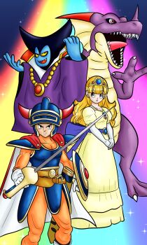 absurdres armor blue_armor blue_skin cape colored_skin commentary dragon dragon_lord dragon_quest dragon_quest_i dress english_commentary hero_(dq1) highres jewelry princess_laura rainbow_gradient red_hair robe self-upload shield sword tiara weapon yellow_dress
