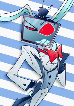 Rule 34 | 1boy, animal ears, annoyed, blue teeth, bow, bowtie, buttons, closed mouth, colored teeth, fake animal ears, formal clothes, hand on own hip, hand up, hat, hazbin hotel, heart button, hellaverse, highres, object head, official alternate costume, pants, pinkydia004, rabbit ears, raised eyebrow, red bow, red bowtie, shoulder pads (fashion), standing, striped background, suit, symbol-shaped pupils, television, top hat, triangle-shaped pupils, vox (hazbin hotel), white pants, white suit, wi-fi symbol