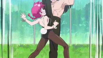 2girls 6+boys animal_costume animated anime_screenshot ass braid braided_ponytail breasts brown_eyes butt_crack cleavage highres mousse_(ranma_1/2) multiple_boys multiple_girls pink_hair playboy_bunny purple_hair rabbit_costume ranma-chan ranma_1/2 red_eyes shampoo_(ranma_1/2) sound tagme tendou_akane video