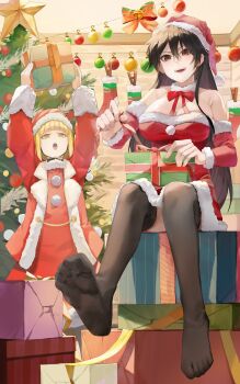 2girls :d armpit_crease arms_up bambietta_basterbine bare_shoulders black_hair black_thighhighs bleach bleach:_brave_souls bleach:_sennen_kessen-hen blonde_hair bow bowtie box breasts brown_eyes christmas christmas_ornaments christmas_tree cleavage commentary cowboy_shot deadman70232800 detached_sleeves dress english_commentary feet full_body fur-trimmed_dress fur-trimmed_sleeves fur_choker fur_trim gift hair_between_eyes hat highres holding holding_box holding_gift indoors large_breasts liltotto_lamperd long_hair long_sleeves looking_at_viewer multiple_girls no_shoes official_alternate_costume open_mouth pom_pom_(clothes) quincy_(bleach) red_bow red_bowtie red_dress red_hat red_sleeves santa_costume santa_dress santa_hat short_dress short_hair sitting smile soles strapless strapless_dress teeth thighhighs toes tsurime yellow_eyes