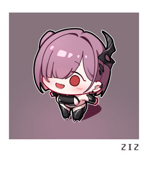 1girl bikini black_bikini blush breasts bridal_gauntlets chaps chibi deformed earrings fang full_body goddess_of_victory:_nikke hair_over_one_eye hashtag-only_commentary horns jewelry liquid_clothes looking_up open_mouth parted_bangs polaroid_photo purple_hair red_eyes short_hair side_ponytail sideboob single_horn smile solo standing swimsuit uz_(uzru0428) ziz_(nikke)