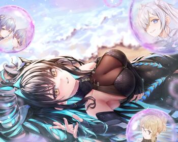5girls abe_(nikke) aqua_hair arm_under_breasts beach black_bodysuit black_hair black_nails blonde_hair blue_eyes blue_hair bodysuit breasts bubble bun_cover cinderella_(nikke) cleavage colored_inner_hair commentary covered_navel cowboy_shot detached_sleeves double_bun english_commentary from_side glasses goddess_of_victory:_nikke gretel_(nikke) grey_hair hair_bun hair_intakes hair_spread_out hansel_(nikke) happy_tears hexagon_print highres little_mermaid_(nikke) long_hair looking_at_viewer lying makaer1117 medium_breasts multicolored_hair multiple_girls nail_polish ocean on_back parted_lips ponytail see-through_cleavage see-through_clothes smile solo_focus tearing_up tears twintails two-tone_hair yellow_eyes