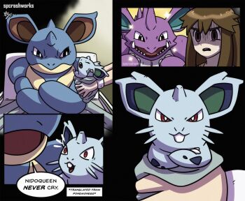 1girl artist_name brown_eyes brown_hair crossed_arms dialogue_box english_text gen_1_pokemon highres holding holding_pokemon leaf_(pokemon) meme nidoking nidoqueen nidoran nidoran_(female) nintendo pokemon pokemon_(creature) pokemon_frlg queen_never_cry_(meme) spcrashworks