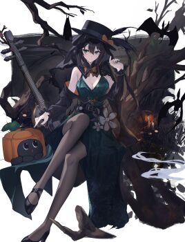 1girl absurdres alternate_costume bare_shoulders belt black_belt black_hat black_shoes bow branch breasts brown_hair cake_cat_(honkai:_star_rail) cleavage closed_mouth commentary dress english_commentary green_dress green_eyes green_nails grey_pantyhose hair_between_eyes halloween halloween_costume hand_up hat hat_bow hat_feather high_heels highres honkai:_star_rail honkai_(series) long_hair medium_breasts multicolored_hair nail_polish orange_bow pantyhose ruan_mei_(honkai:_star_rail) sasa_(sasa_ekakiman) shoes simple_background sitting smile solo streaked_hair white_background