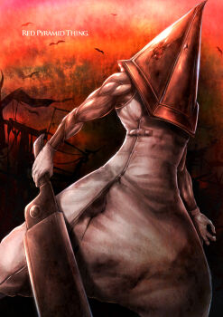 1boy apron bird commentary_request gloves great_knife hat helmet highres male_focus monster muscular pyramid_head silent_hill_(series) silent_hill_2 solo sword uro_(uroboros) weapon