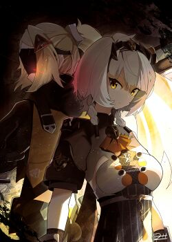 2girls absurdres anby_demara anby_demara_(silver_soldier) black_hairband blindfold_mask blonde_hair braid breasts camouflage closed_mouth commentary covered_eyes fingerless_gloves gloves grey_hair hair_ornament hairband highres holding jacket long_hair mask multiple_girls official_alternate_costume orange_eyes ponytail short_hair symbol-only_commentary trigger_(zenless_zone_zero) yellow_eyes zenless_zone_zero zeroartwo