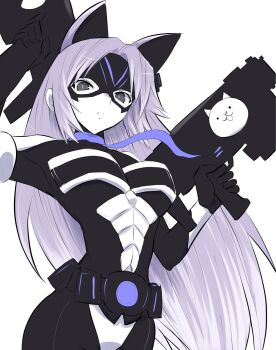 Rule 34 | 1girl, animal ears, belt, black bodysuit, black mask, blue mask, bodysuit, breasts, cat (nyanko daisensou), cat ears, grey hair, gun, highres, holding, holding gun, holding weapon, long hair, looking at viewer, mask, medium breasts, multicolored bodysuit, murayamawataru, nyanko daisensou, spectral cat (nyanko daisensou), two-tone bodysuit, two-tone mask, very long hair, weapon, white bodysuit