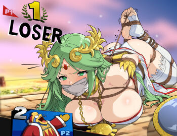 1boy 1girl 2025 absurdres arms_behind_back ass asymmetrical_legwear bdsm blush bondage bound bound_ankles bound_arms bound_breasts bound_legs bound_torso bound_wrists box_tie breasts cleavage crotch_rope defeat dress fake_screenshot female_focus gag gagged gauntlets gold_necklace green_eyes green_hair highres hogtie improvised_gag kid_icarus king_dedede large_breasts long_hair necklace nintendo outdoors palutena parted_bangs shibari shibari_over_clothes solo super_smash_bros. sweat tape tape_gag tiedtiki v-shaped_eyebrows variant_set white_dress
