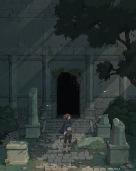 1girl architecture artist_name black_gloves black_pantyhose blonde_hair blue_shirt boots braid broken_pillar brown_boots bush cape closed_mouth commentary crown_braid english_commentary fingerless_gloves fold-over_boots gloves grass hair_ornament hairclip highres knee_boots light_rays long_sleeves moss mushroom nimo_(mo_nimo_2) nintendo outdoors pantyhose parted_lips path pillar pointy_ears princess_zelda profile purple_cape road rock scenery shade shadow shirt short_hair sidelocks single_braid solo stairs standing stone_walkway stone_wall sunlight the_legend_of_zelda the_legend_of_zelda:_tears_of_the_kingdom tree twitter_username wall