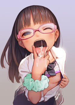 1girl absurdres aqua_scrunchie black_skirt bow bowtie bra bra_lift breasts brown_eyes brown_hair clothes_lift cum cum_in_mouth cunnilingus_gesture female_focus glasses gradient_background highres loli long_hair looking_at_viewer muk_(monsieur) nipples one_breast_out one_eye_closed open_clothes open_mouth open_shirt oral_invitation original pink-framed_eyewear saliva scrunchie shirt simple_background skirt small_breasts solo straight_hair striped_bow striped_bowtie striped_clothes striped_neckwear teeth tongue tongue_out unbuttoned unbuttoned_shirt underwear upper_teeth_only uvula white_shirt wrist_scrunchie yonic_symbol