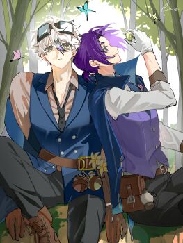 2boys absurdres belt black_pants blue_lock blue_vest boots bow bowtie braid braided_ponytail brown_belt brown_boots bug butterfly commentary gloves goggles highres insect light_smile mikage_reo multiple_boys nagi_seishirou p2_ace pants purple_hair purple_vest symbol-only_commentary tree vest white_gloves white_hair yaoi