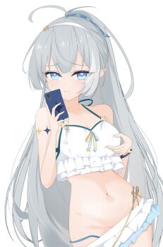 1girl absurdres bikini blue_eyes breasts cellphone commentary covered_erect_nipples female_tyrant_(stella_sora) grey_hair groin highres holding long_hair narukahana navel paid_reward_available phone solo stella_sora swimsuit tyrant_(stella_sora) white_background